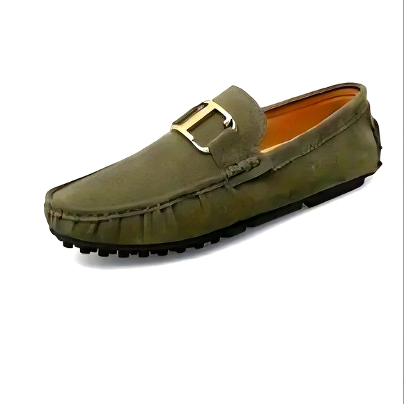 MEN GREEN BUCKLE DESIGN FLAT LOAFER SLIP ON SHOES SIZE 10
